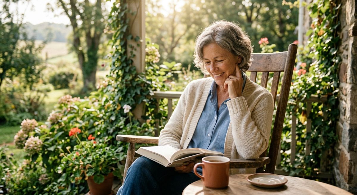 Adult in her late 50s smiling while reading a book on a sunny porch